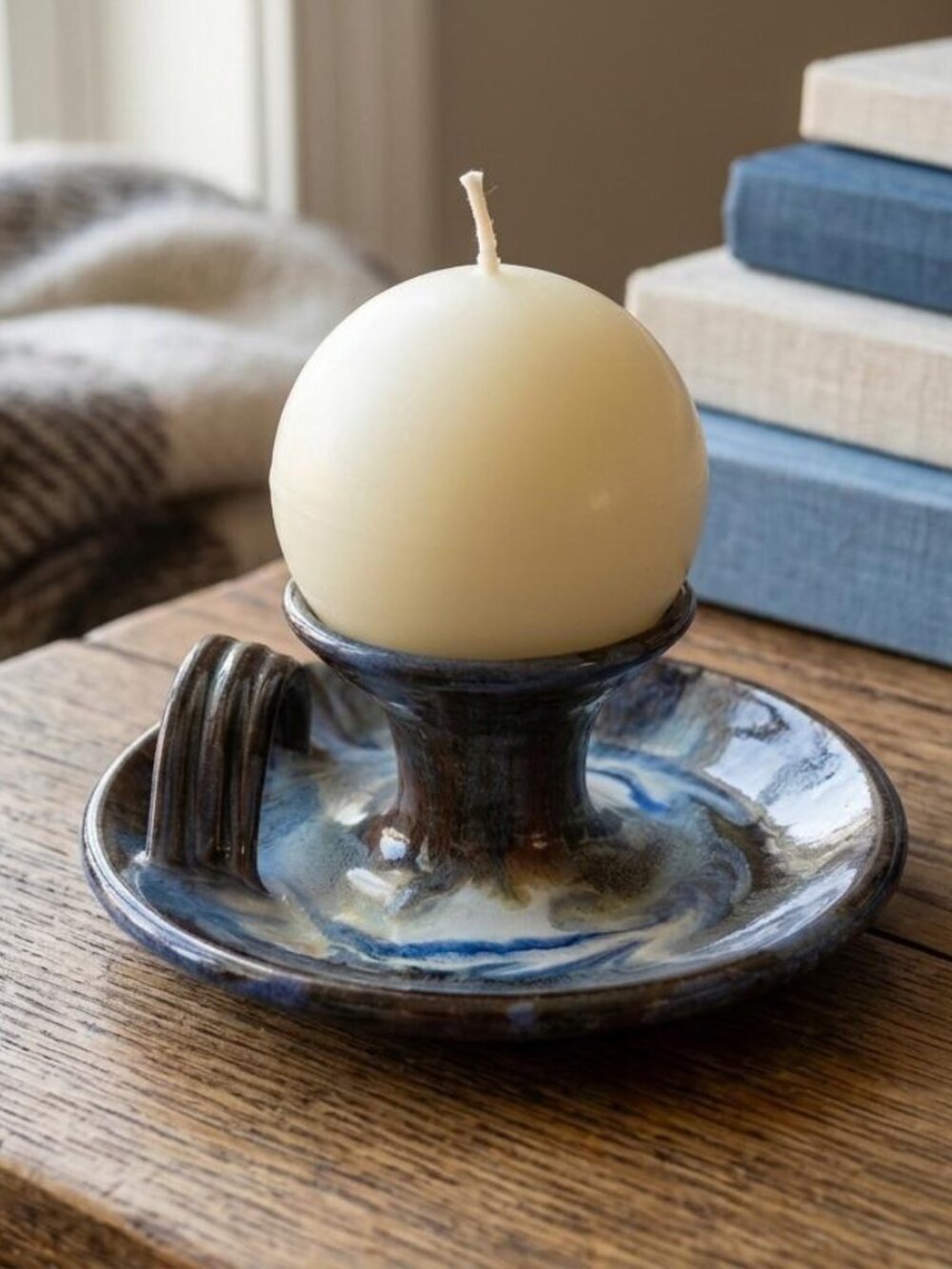 Irish Pottery Candle Stick With Spherical Candle by Rossa Pottery Blue Brown